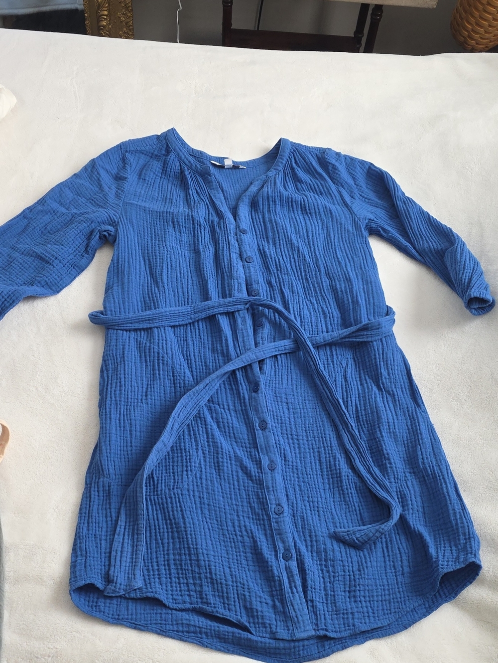 Liverpool Blue Button-Front Cotton Dress with Waist Tie